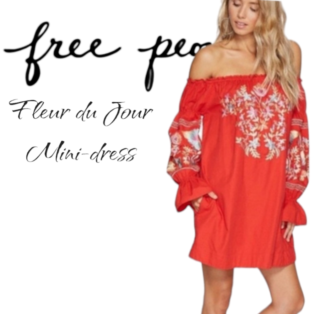Free People Fleur du Jour Minidress Red Off the Shoulder Embroidery Pckt SM NWOT